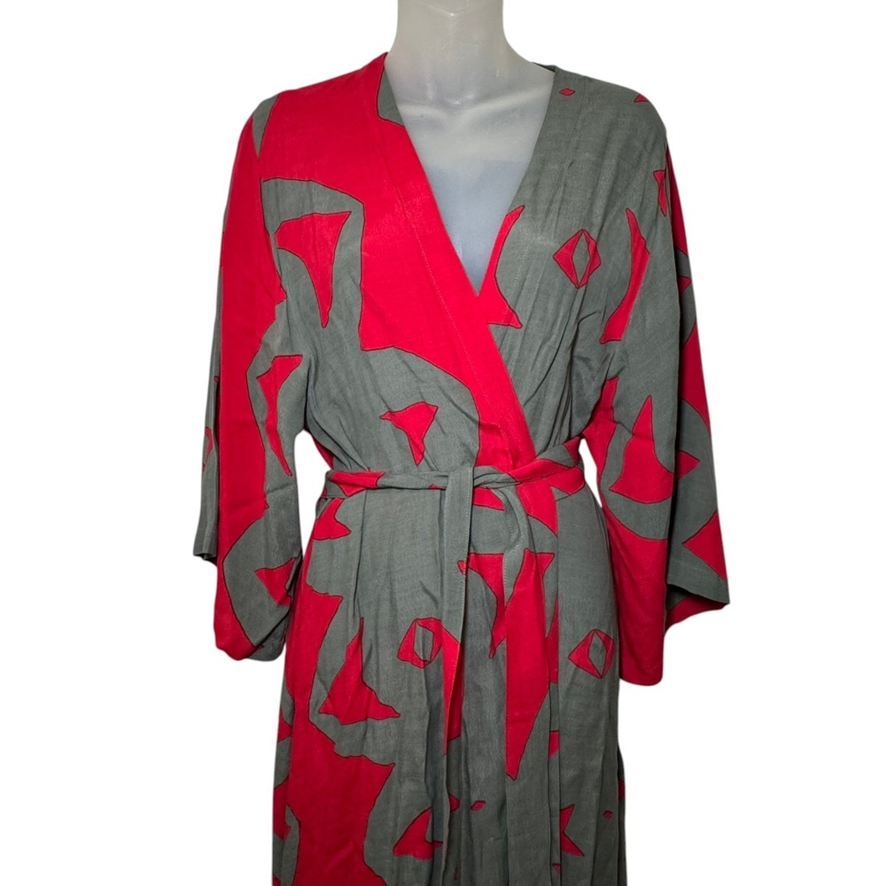 Bel Kazan Bali Wrap Kimono Dress Red Gray Abstract Print S/M Anthropologie - Picture 4 of 9
